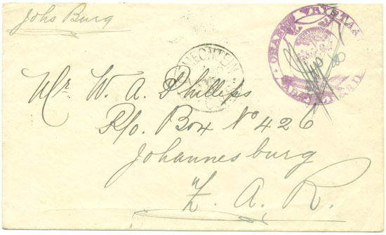 The Orange Free State Artillery had its own "Artillerie" cachet for their official mail. This cover from Bloemfontein to Johannesburg 1897